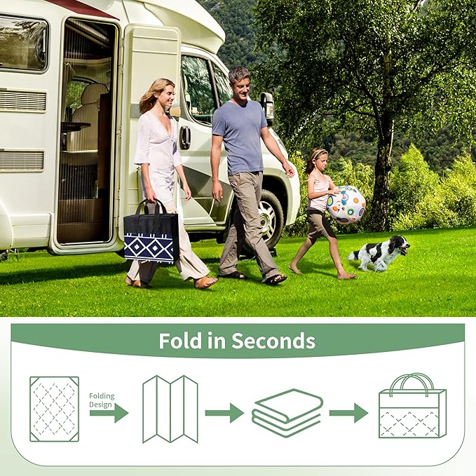 GENIMO Outdoor Rug Waterproof for Patio Decor, 6'x9' Foldable Reversible Plastic Straw Carpet for Travel Trailers, Outside Area Mat for Rv, Deck, Picnic, Porch, Camper, Balcony, Beach, Blue & White
