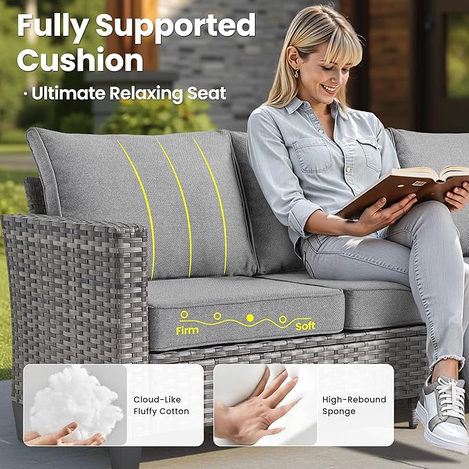 ovios 5 Pieces Patio Furniture Set, Outdoor Wicker Sofa Couch with Rocking Swivel Chairs Solar Lights Table, Modern Deep Seat Rattan Conversation Sets for Porch Deck, Dark Grey