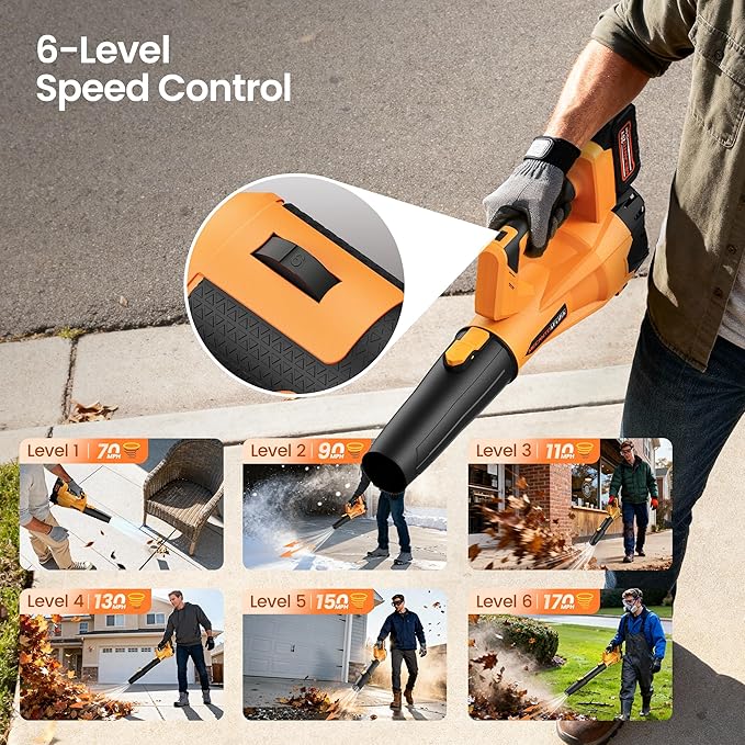 Leaf Blower Cordless, 650 CFM/170 MPH, 6-Speed Levels with 2 X 4.0Ah Battery, Handheld Leaf Blower, Electric Blowers for Lawn Care, Garden, Yard (Yellow & 2 Battery)