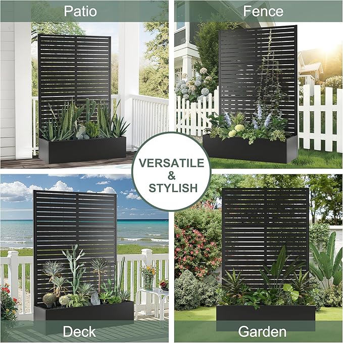 Metal Planter Box with Trellis Privacy Screen, Large Raised Garden Beds with Trellis for Climbing Vegetables Plants, Privacy Planters with Drainage Holes for Patio (47"L×16"W×71"H, Black Blinds)