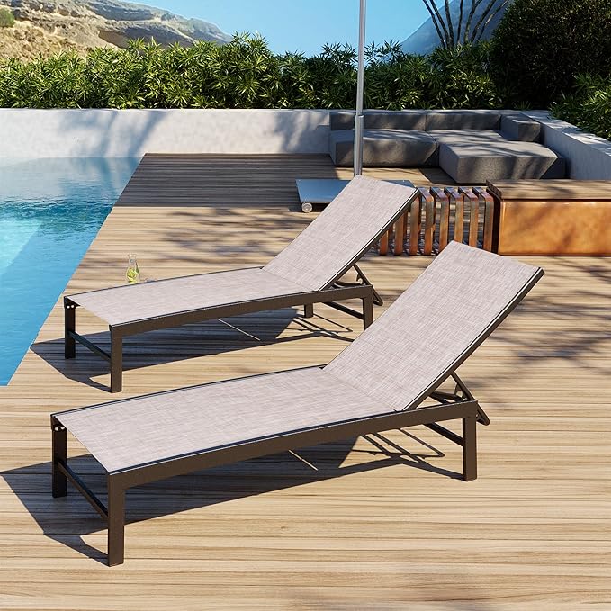 Patio Aluminum Chaise Lounge Chair, Set of 4 Outdoor Recliner Lounge Chair Sun Loungers, All Weather Chaise with 5 Adjustable Backrest and Lay Flat Positions for Garden, Balcony, Pool