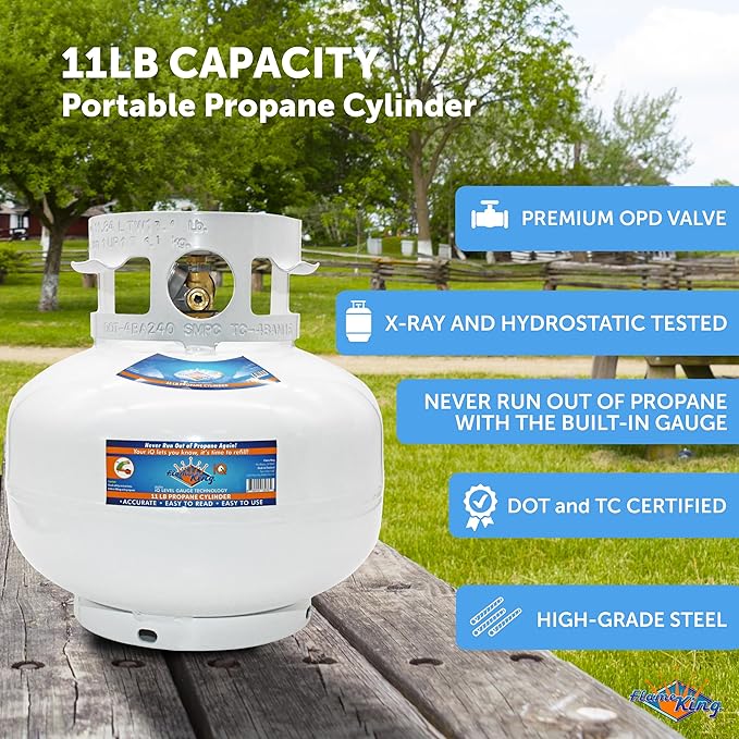 Flame King YSN11SQTa 11LB Propane Tank Cylinder Squatty with Dust Cap, Type 1 OPD Valve & Built-in Gauge, White