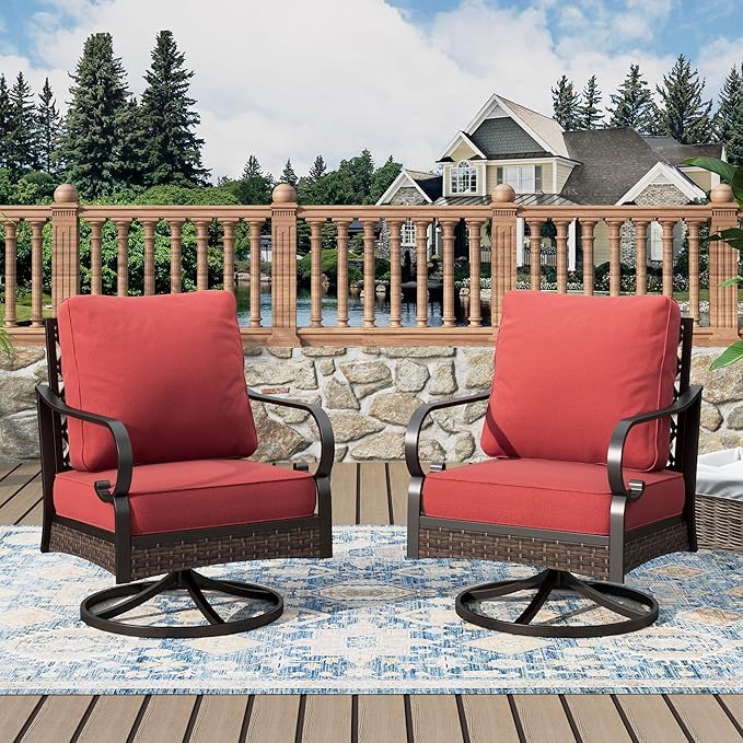 Outdoor Patio Swivel Sofa Chairs Set of 2 Steel Frame Porch Furniture with Deep Seating and 5.75" Cushions for Lawn Backyard Deck, Red