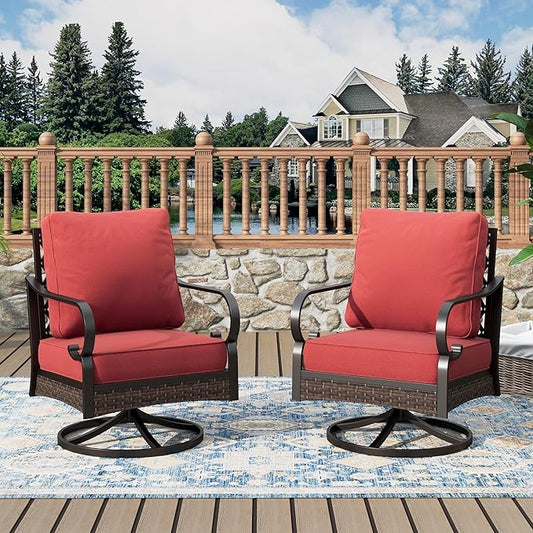 Outdoor Patio Swivel Sofa Chairs Set of 2 Steel Frame Porch Furniture with Deep Seating and 5.75" Cushions for Lawn Backyard Deck, Red