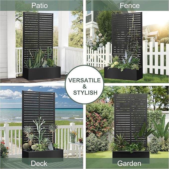 Metal Planter Box with Trellis for Climbing Plants Outdoor, Raised Garden Bed with Trellis, Privacy Screen for Patio (35" L×16" W×71" H, Black Blinds)