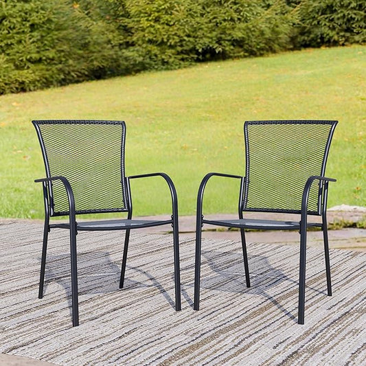 Outdoor Metal Patio Chairs Set of 2, Stackable Iron Mesh Dining Chairs with Armrests, All-Weather Bistro Chairs for Garden, Backyard, Porch, or Balcony