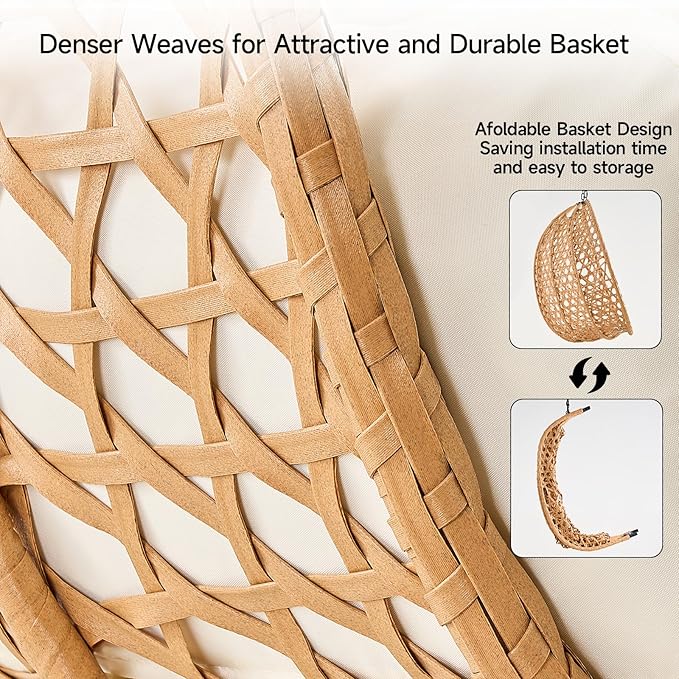 ONBRILL Double Hanging Egg Chair with Stand, Bohemian Knot Style Hammock Swing Chair, Foldable Basket & Denser Weaves, 650 Lbs Capacity Loveseat with UV Resistant Cushion for Patio, Backyard (Beige)