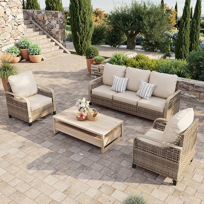 UDPATIO 3 Pieces Outdoor Patio Furniture Set, Patio Set with Washable Thick Cushions, Rattan Patio Conversation Sets for Deck, Yard, and Poolside, Yellow/Beige