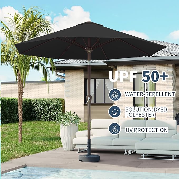 PatioKingdom 10FT Patio Umbrella with Push Button Tilt and Crank, Outdoor Market Umbrella with 8 Fiberglass Ribs, UV Protection Table Umbrella for Pool,Backyard,Garden,Deck(Black, 10FT)