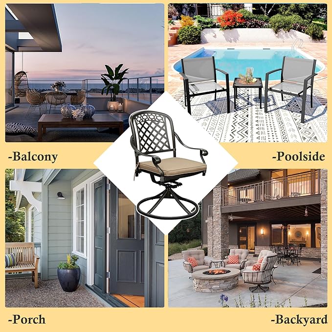 Cast Aluminum Outdoor Swivel Dining Chairs, All-Weather Patio Swivel Rocker Chair Sets with Cushion for Garden, Backyard, Poolside, Bistro (Khaki, 6 Pieces)