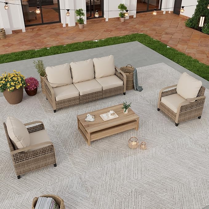 UDPATIO 3 Pieces Outdoor Patio Furniture Set, Patio Set with Washable Thick Cushions, Rattan Patio Conversation Sets for Deck, Yard, and Poolside, Yellow/Beige