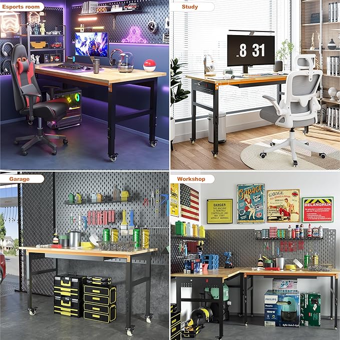 Betterhood 60" Adjustable Workbench on Wheels, 2000 LBS Heavy Duty Work Table with Power Outlets & Pegboard, Rubber Wood Workstation for Garage, Workshop, Office, Home, Commercial