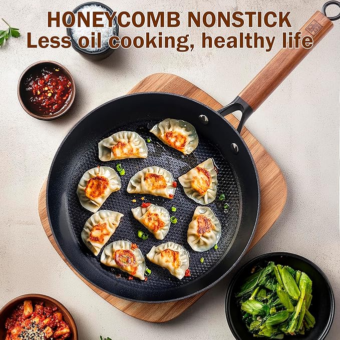 DM Cast Iron Skillet, 8 Inch Nonstick Frying Pan with Detachable Acacia Wooden Handle, Honeycomb Non stick Omelet Egg Pan, Easy Clean Oven Safe Pans for Cooking
