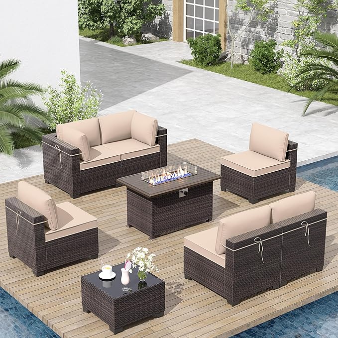 ALAULM Patio Furniture Set with Fire Pit Table 55000 BTU, Outdoor Sectional with Wide Seat and Thick Cushion, 8 Piece Wicker Rattan Conversation Set with Coffee Table for Garden, Deck, Sand