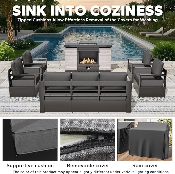 Aluminum Outdoor Conversation Furniture Set with Furniture Covers & 6" Cushions- Patio 79" Sofa with 4 Chairs & 63" Steel Propane Fireplace, 50,000 BTU Fire Pit with CSA Certified (Grey)