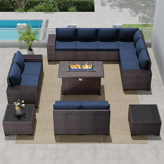 Outdoor Patio Furniture Set with Propane Fire Pit Table, 13 Pieces Outdoor Furniture Patio Sectional Sofa Conversation Sets w/ETL Approved 43" Gas Outdoor Fire Table & Coffee Table(Dark Blue)