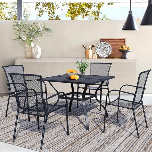5 Piece Outdoor Dining Set, Patio Dining Set for 4, 37.5" Black Square Mesh Table with 4 All Weather Mesh Outdoor Dining Chairs for Lawn, Garden, Porch