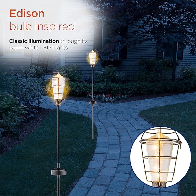 Alpine Corporation 34" Tall Outdoor Solar Powered Edison Bulb Garden LED Stake - Set of 2