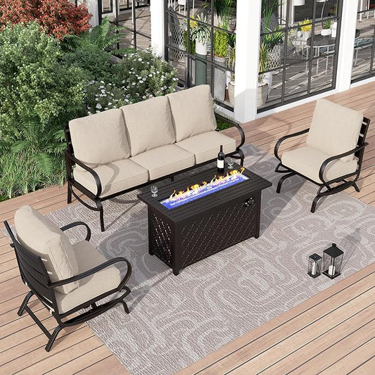 PHI VILLA 4 PCS Patio Furniture with FirePit Table, Outdoor Furniture Set with 1 x 45 Inch Metal Fire Table, 1 x 3 Seater Cushioned Deep Seating Bench & 2 x Motion Sofa Chairs