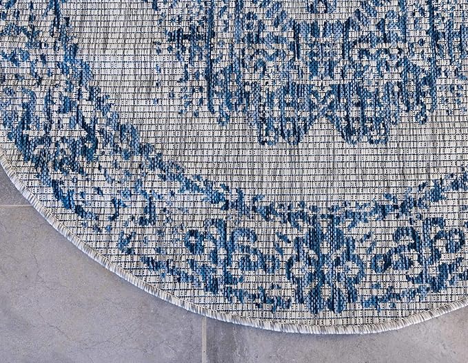 Unique Loom Outdoor Traditional Collection Area Rug - Timeworn (5' 3" Round, Blue/ Gray)