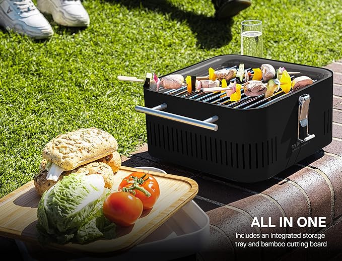 Everdure CUBE Portable Charcoal Grill, Tabletop BBQ, Perfect Tailgate, Beach, Patio, or Camping Grill, Lightweight & Compact Small Grill with Preparation Board & Food Storage Tray, Graphite