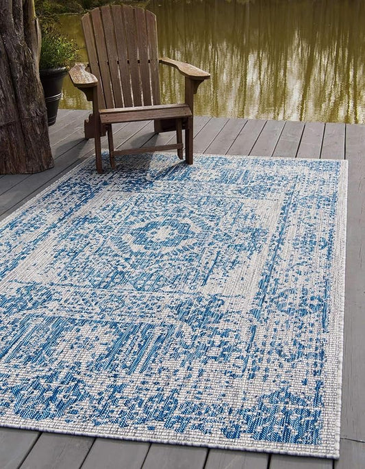 Unique Loom Outdoor Traditional Collection Area Rug - Timeworn (10' x 13' 1" Rectangle, Blue/ Gray)