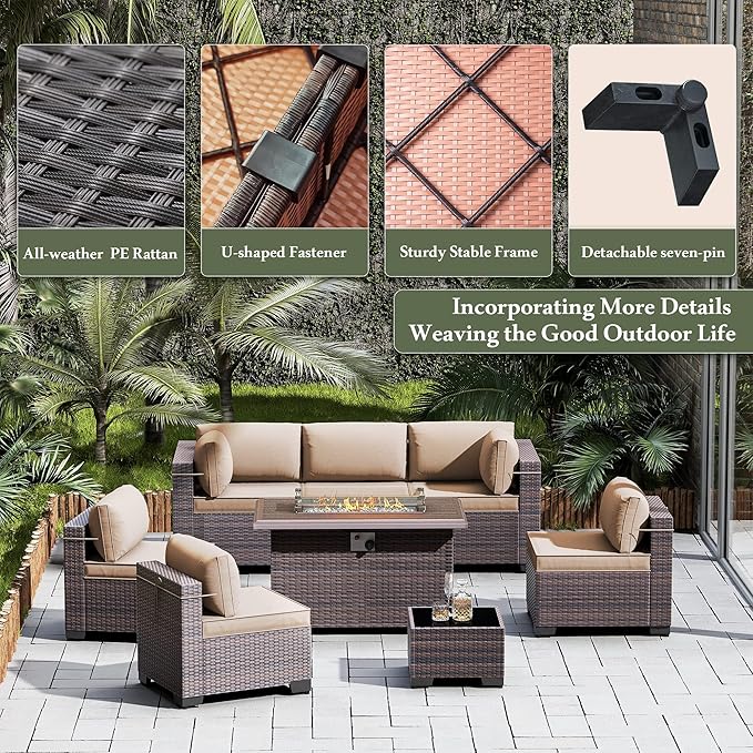 Outdoor Patio Furniture Set with Propane Fire Pit Table, 15 Pieces Outdoor Furniture Patio Sectional Sofa Conversation Set w/ETL Approved 43" Gas Outdoor Fire Table & Coffee Table(Brown).