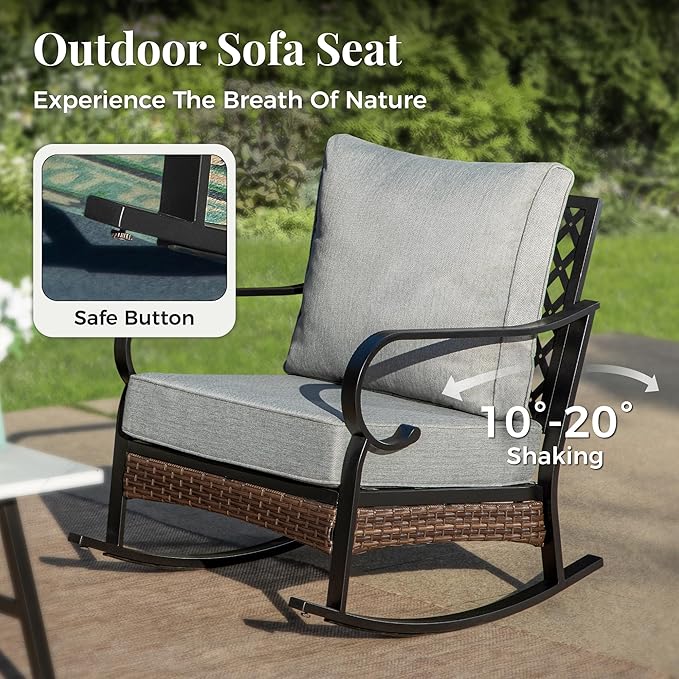 Outdoor Patio Rocking Sofa Chairs Set of 2 Steel Frame Porch Furniture with Deep Seating and 5.75" Cushions for Lawn Backyard Deck, Grey