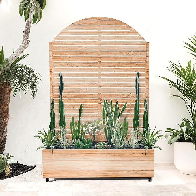 Metal Planter Box with Trellis for Climbing Plants, Privacy Planter with Trellis, Standing Planters Boxes with Privacy Screen, Drainage Holes (47" L, Arch White Wood Grain)