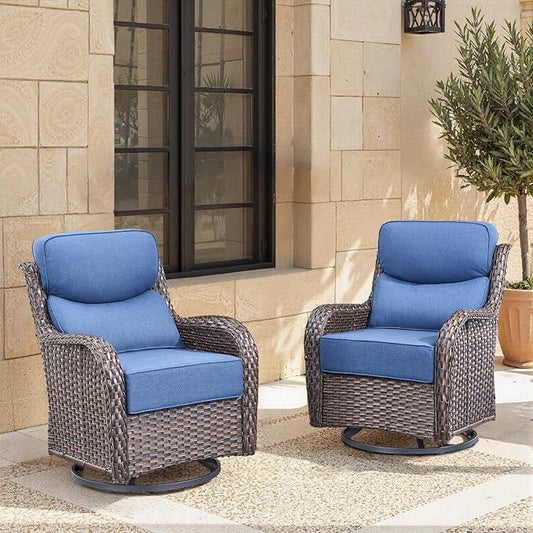 Swivel Patio Chairs Set of 2 with 6" Thick Cushion - Wicker Outdoor Swivel Rocker Patio Chairs, High Back Comfortable Outdoor Glider Chairs - Brown Wicker | Blue Cushion