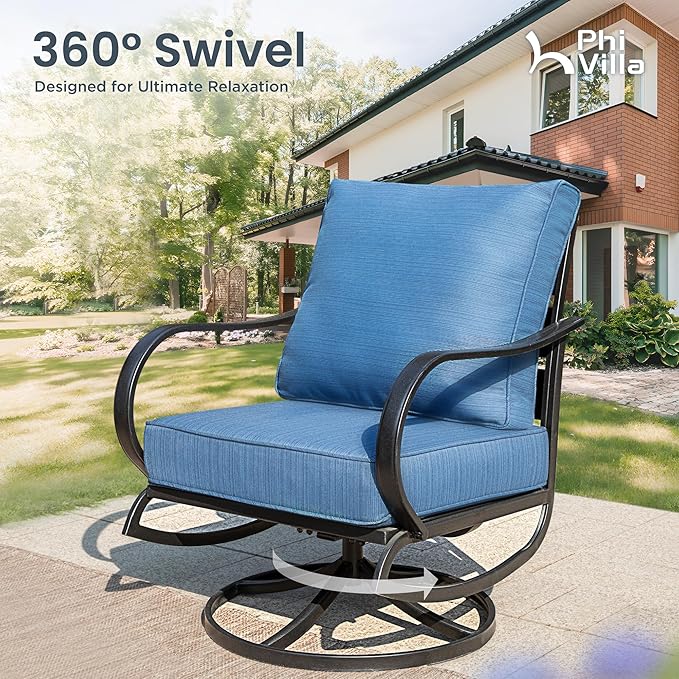 PHI VILLA 5 Piece Patio Furniture Set with 28" Firepit Table, 4 Outdoor 5.75" Cushioned Metal Frame Swivel Sofa Chairs & 28" Gas Firepit Table, Outside Furniture Set for Lawn Garden(Peacock Blue)
