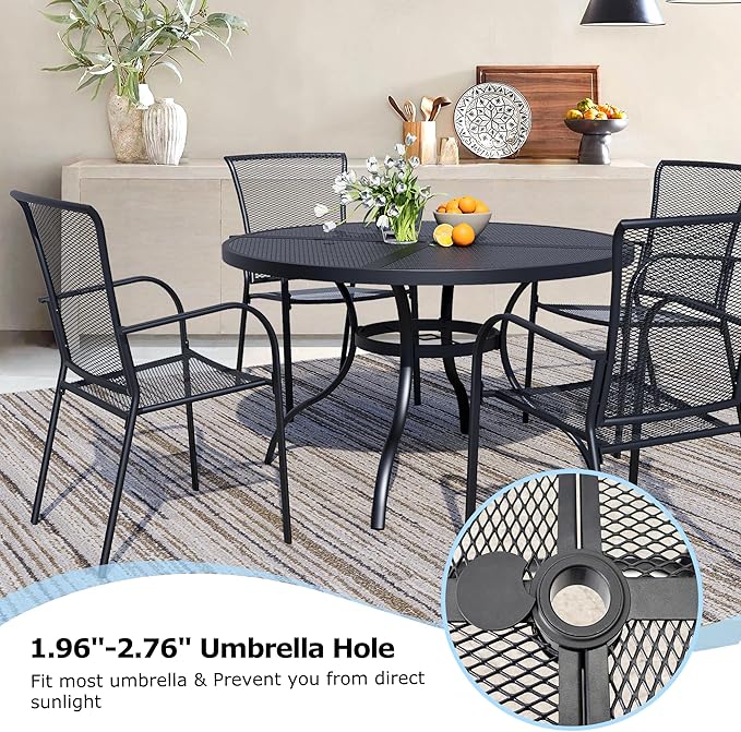 5 Piece Outdoor Dining Set, Patio Dining Set for 4, 42" Mesh Round Table with 4 Black Metal Mesh Outdoor Dining Chairs with Armrest for Lawn, Garden, or Porch
