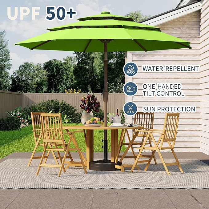 9FT 3 Tiers Patio Umbrella with Auto Tilt and Crank,Outdoor Table Market Umbrella with 8 Sturdy Ribs for Garden,Lawn,Deck,Backyard and Pool,Apple Green