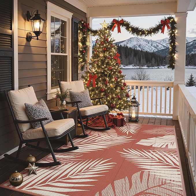 GENIMO Outdoor Rug 6' x 9' Waterproof for Patios Clearance, Reversible Plastic Straw Camping Carpet, Area Rug for RV, Picnic, Backyard, Deck, Balcony, Porch, Beach, Christmas Decorations, Brick&Red