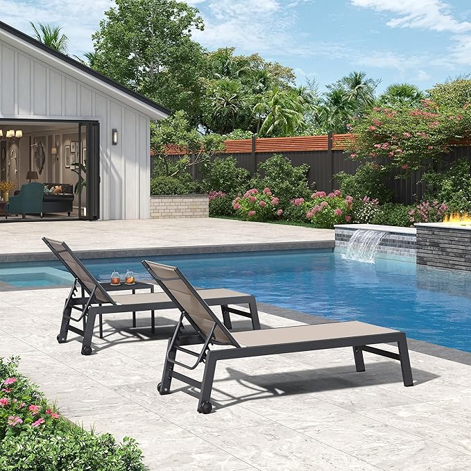 PURPLE LEAF Outdoor Patio Chaise Lounge Chair Set of 2 Chair with Rolling Wheels Lounge Chair for Patio Pool Garden Beige
