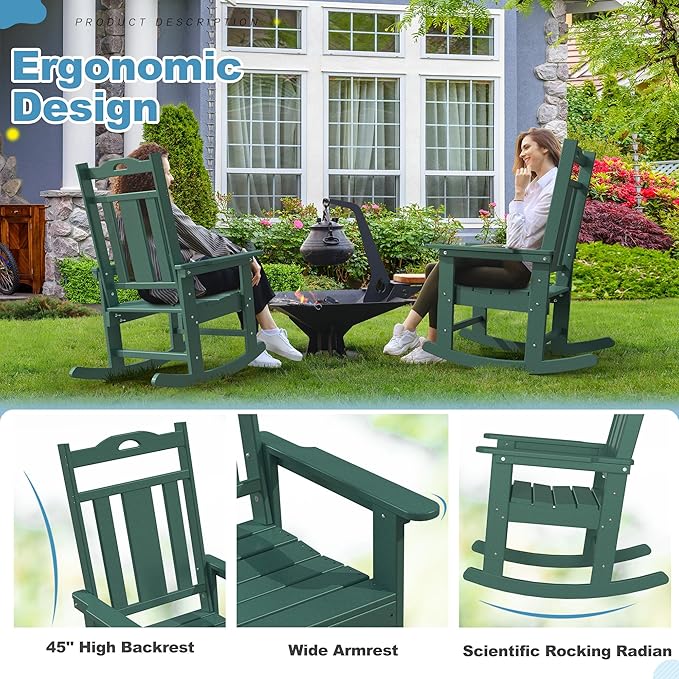 nalone Outdoor Rocking Chair, Oversized Porch Rocker Chair for Adult, All-Weather Resistant Patio Rocking Chair for Garden Lawn(Green)