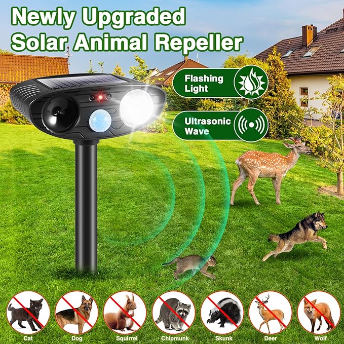 2025 Cat Repellent Device Ultrasonic Animal Repellent Outdoor Solar Animal Repeller with Motion Sensor&LED Strobe Light Deer Deterrent to Scare Dog Squirrel Raccoon Skunk Rabbit (2Pack)