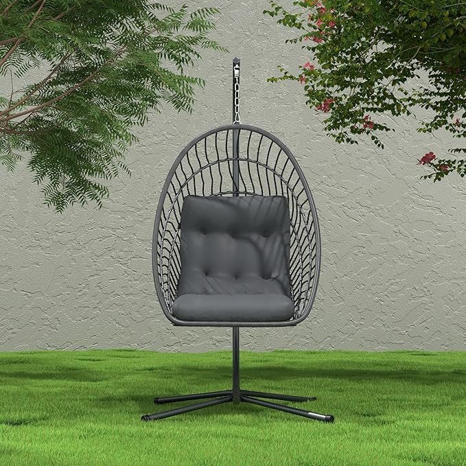Kingdura Hanging Egg Chair with Stand Indoor Outdoor, Foldable Rattan Wicker Hammock Egg Swing Chair for Bedroom Porch Patio Garden, Thickened Cushion, 350LBS Capacity, Heavy Duty Frame