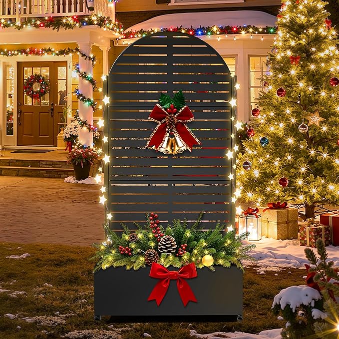 FENCY Metal Raised Garden Bed with Wheels and Trellis,Arched 73"x35"x16" Planter Box for Climbing Plants, Vegetables & Vines, Features Privacy Screen and Drainage Holes (Black-Louvered)