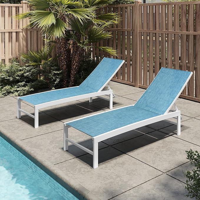 Patio Aluminum Chaise Lounge Chair, Set of 2 Outdoor Recliner Lounge Chair Sun Loungers, All Weather Chaise with 5 Adjustable Backrest and Lay Flat Positions for Garden, Balcony, Pool