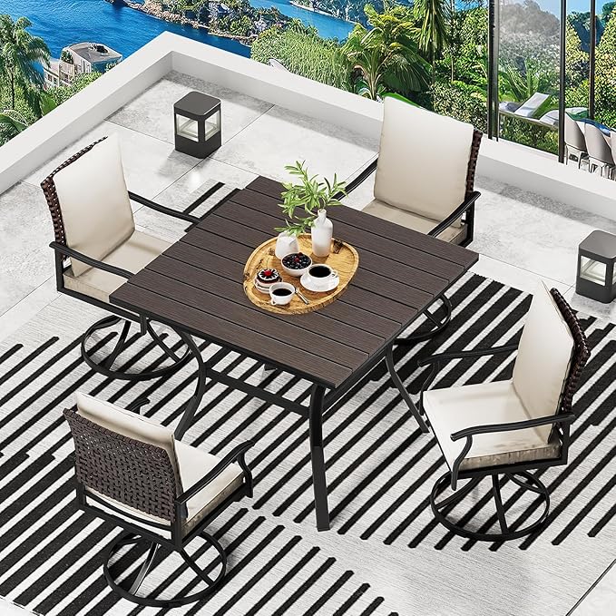 LEVELEVE 5 Piece Outdoor Patio Dining Set with 4 Swivel Dining Chairs & 1 Large Square Dining Table,Bistro Furniture Set for Lawn, Garden, Deck, Backyard and Porch