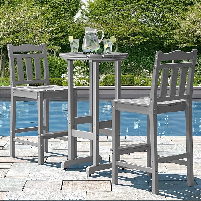 nalone Outdoor Bar Chairs and Table Set, HDPE Balcony Adirondack Chairs and Table 3 Pieces Set, Outdoor Bar Stools Set for Garden, Yard, Backyard(Grey, Bar Chairs with Table)