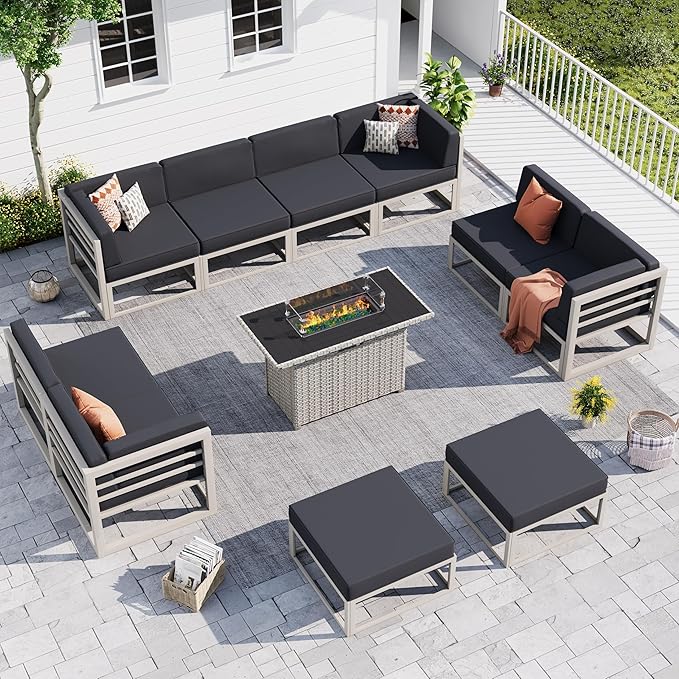 UDPATIO Aluminum Patio Furniture Set with Fire Pit Table, Modular Oversized Outdoor Sectional of Olefin 5 inch Cushion, Coffee Table and Waterproof Cover, Patio Conversation Sets for Porch, Deck
