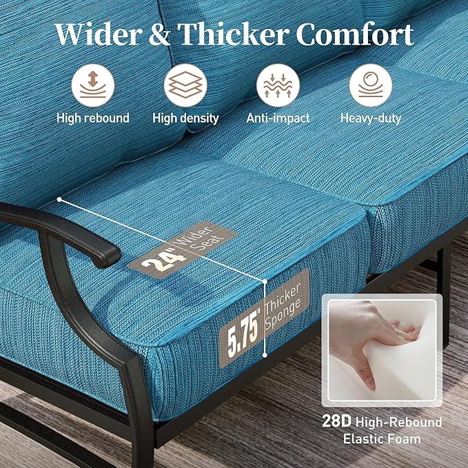 Metal Outdoor Swivel Patio Chairs Set of 2 with 5.75" Extra Thick Cushion, 2 Piece High Back Swivel Rocker Patio Chairs Outdoor Furniture Seating for Deck Balcony Front Porch, Blue-2