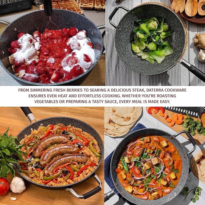 DaTerra Cucina Nonstick Family Bundle – 13" Frying Pan, 13" Wok with Lid, 8 Qt Dutch Oven with Lid – Oven Safe, Ceramic Nonstick, PTFE & PFOA Free – Made in Italy, Volcanic Black Speckled