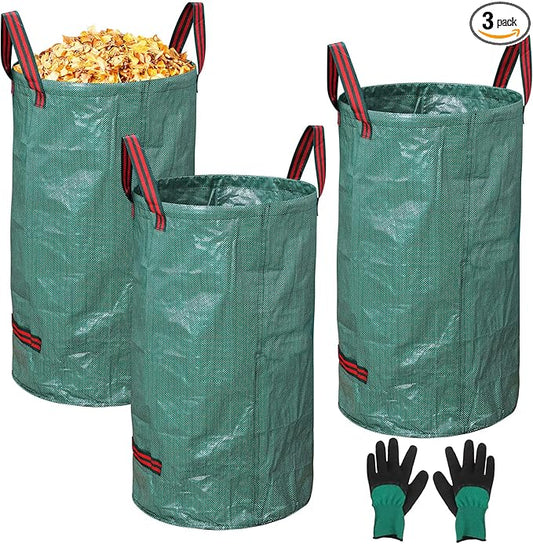 3-Pack 72 Gallon Yard Waste Bags, Reusable Heavy Duty Collapsible Garden Leaf Bags with Plastic Ring,with Gardening Gloves,Stand-Up Yard Waste Bin for Leaves, Lawn Debris & Grass Clippings