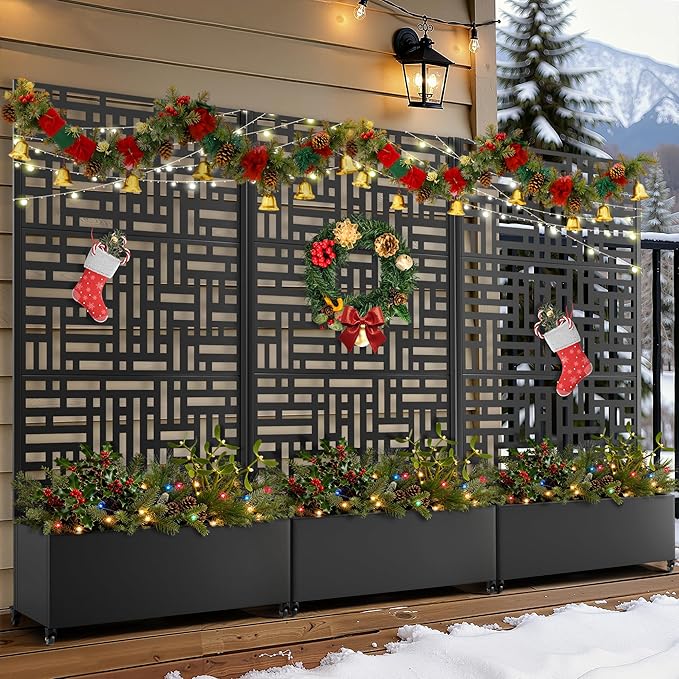 FENCY Metal Raised Garden Bed with Wheels and Trellis,73"x35"x16" Planter Box for Climbing Plants, Vegetables & Vines, Features Privacy Screen and Drainage Holes (Black-Geometric Lattice)