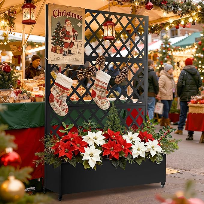 FENCY Metal Planter Box with Diamond Lattice Trellis Planter Box for Climbing Plants/Vines, Galvanized Raised Garden Bed On Wheels, Garden Bed with Trellis(73"x47" Black)