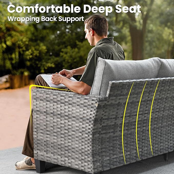 ovios 7 Pieces Patio Furniture Set, Outdoor Wicker Sofa Couch with Rocking Swivel Chairs Fire Pit Table, Modern Deep Seat Rattan Conversation Sets for Porch Deck, Dark Grey