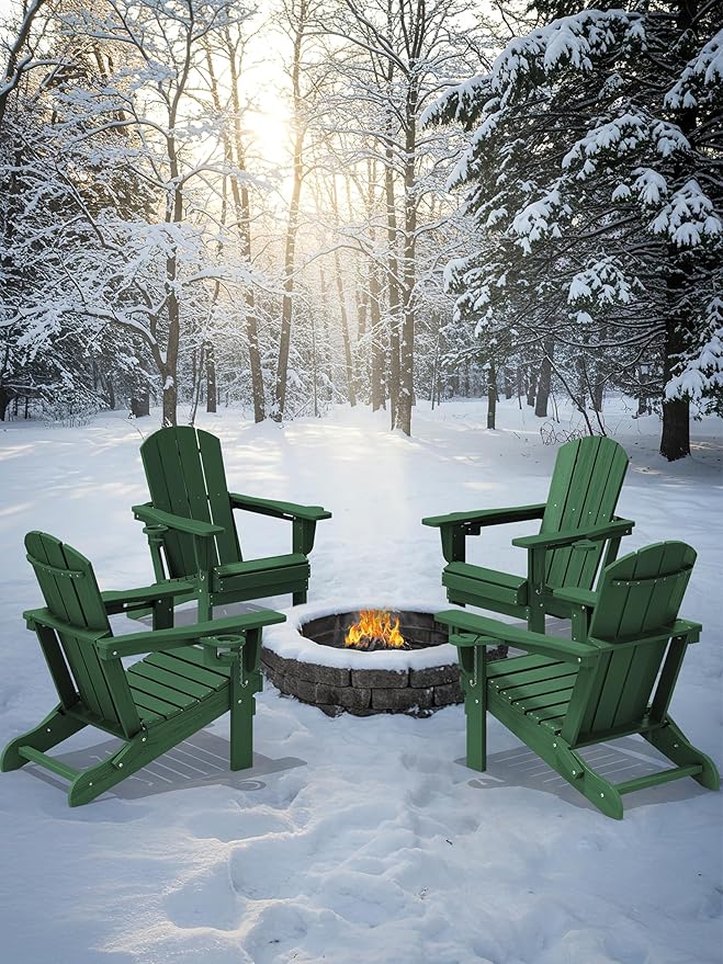 KINGYES Folding Adirondack Chair with Dual Cup Holders - HDPE All-Weather Outdoor Chairs, Wood-Like Patio Chair for Backyard, Camping, Pool & Fire Pit, Dark Green